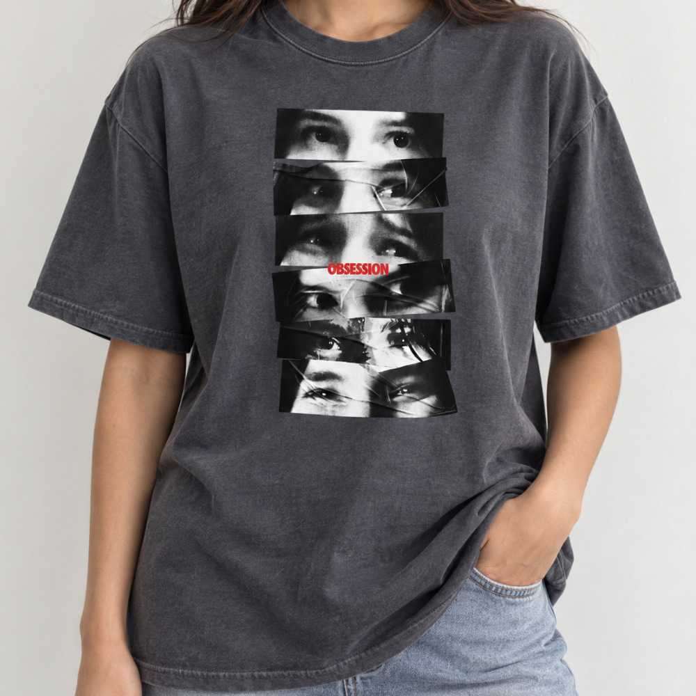 Obsession Eyes Strips Collage Grayscale Vintage Charcoal T-Shirt